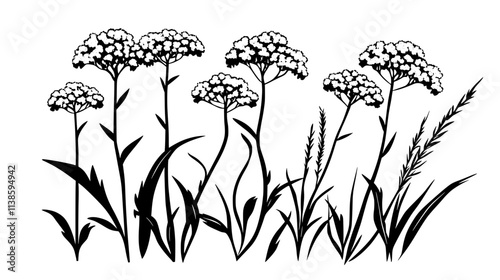 Yarrow flowers in a prairie-style landscape with ornamental grasses, Vectorized Plant Art