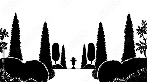 Yew hedge bordering a formal English garden, Vectorized Plant Art