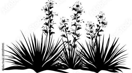 Yucca plant with a white flower spike among blade-like leaves, Vectorized Plant Art