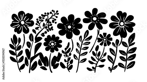 Zinnia patch with a variety of flower shapes, Vectorized Plant Art