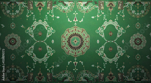 Oriental carpet with ornate designs in rich green and gold colors for sophisticated interior decor