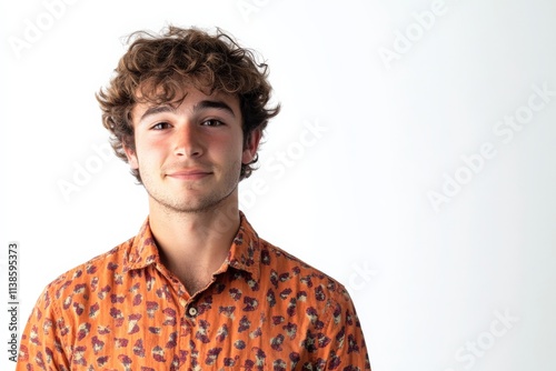 Young Man with Curly Hair in Colorful Shirt Against White Background