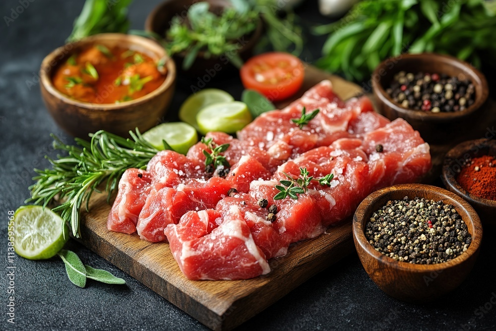 A wooden cutting board with meat and herbs on it A wooden cutting board with meat and herbs on it