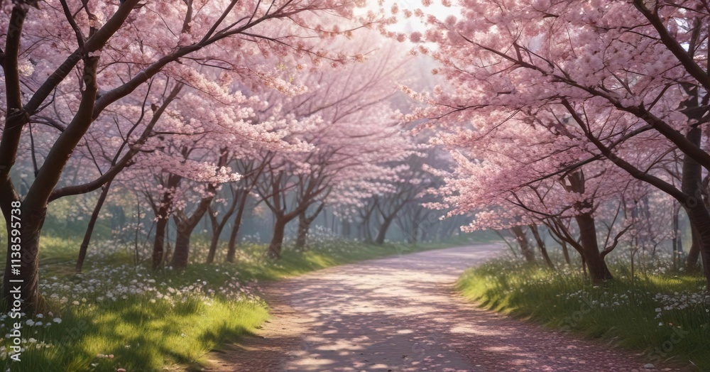 Soft focus image of a forest filled with blooming cherry blossoms, natural wonders , ornamental trees