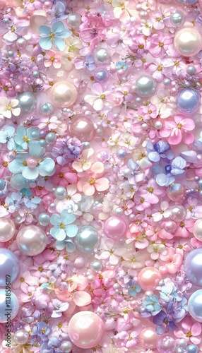 Colorful pastel flowers and pearls creating a luxurious, soft background, perfect for spring or wedding themes.