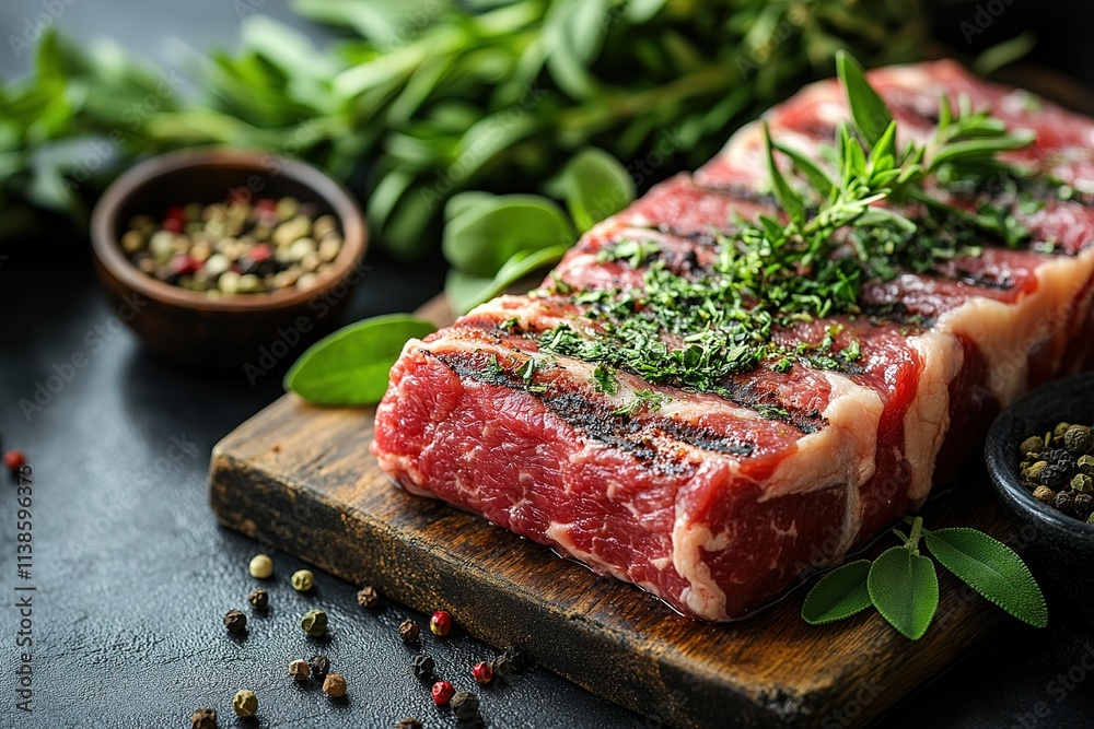 A slab of meat is sitting on a wooden cutting board with a variety of herbs A slab of meat is sitting on a wooden cutting board with a variety of herbs