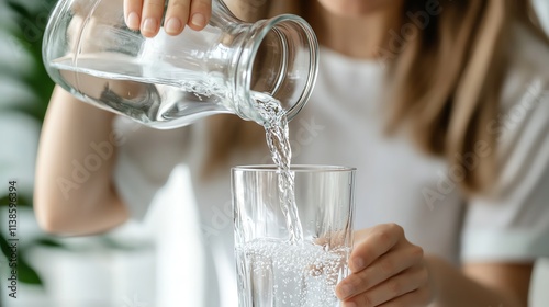 Woman pouring refreshing water into a clear glass.