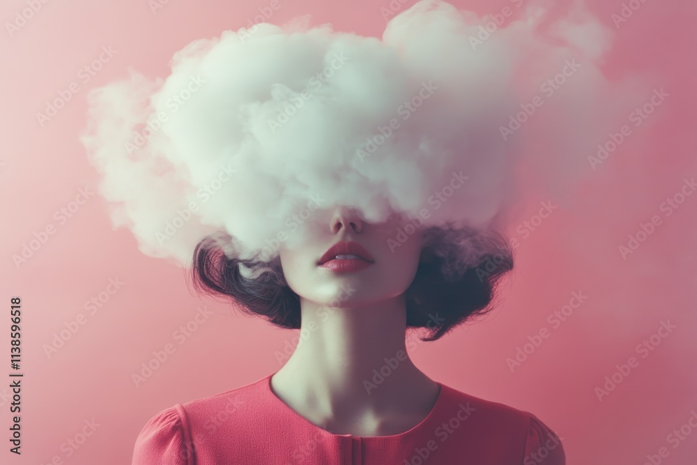 A mysterious woman in pink is obscured by a cloud of white smoke, set against a matching background. A mysterious woman in pink is obscured by a cloud of white smoke, set against a matching background.