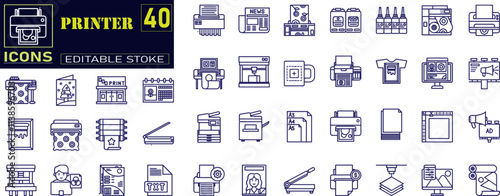 A set of line icons with printer, computer and documents.