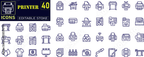 A set of line icons with printer, computer and documents.