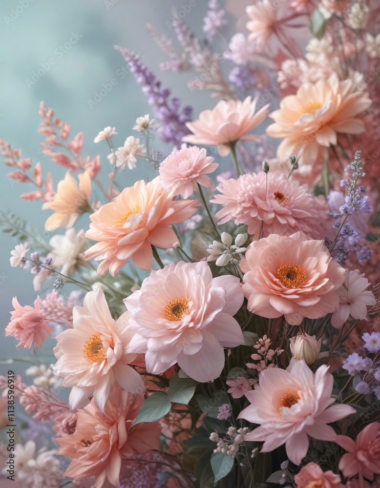 Soft pastel floral arrangement in a dreamy abstract background , floral pattern, calming environment, soft pastel flowers
