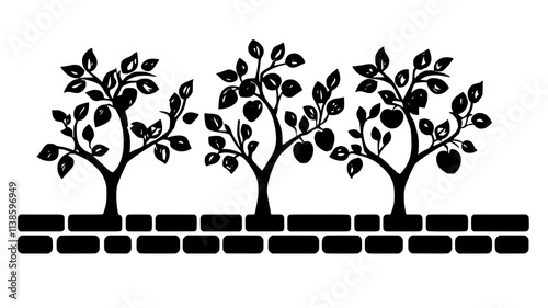 Espaliered fruit trees trained along a south-facing stone wall, Plant Illustration