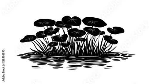 Elephant ears growing along the edge of a water garden with roots in the water, Plant Illustration