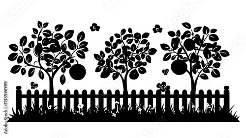 Espaliered fruit trees trained along a south-facing stone wall, Plant Illustration