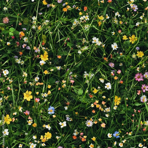 Top view photo of grass with small colorful wildflowers, seamless texture