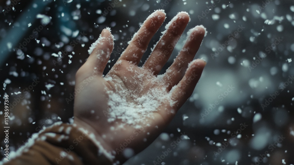 A hand catching falling snow. A hand catching falling snow.