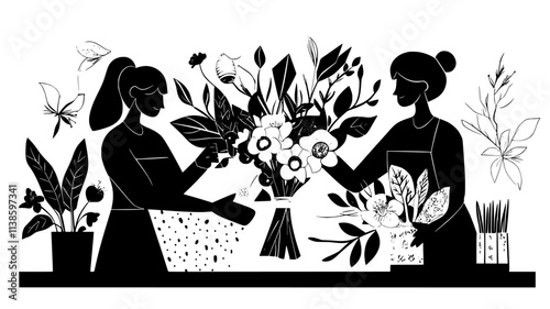 Flower arrangements made with eco-friendly wrapping materials on a florist table, Plant Illustration