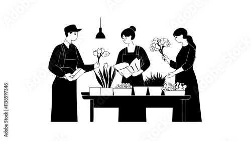 Flower auction with international buyers placing bids, Plant Illustration