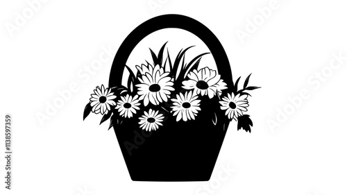 Flower basket with daisies and carnations on a doorstep, Plant Illustration