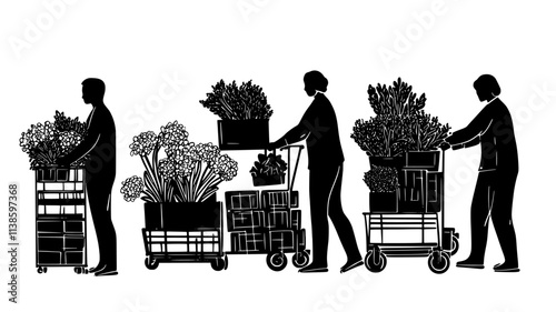 Flower bunches being stacked in carts for bulk orders at a wholesale florist center, Plant Illustration