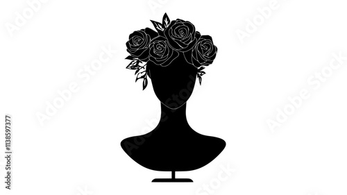 Flower crown with roses resting on a mannequin head, Plant Illustration