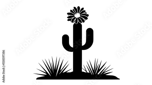 A flower growing from the top of a tall cactus surrounded by spines, Plant Illustration