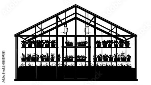 A fully operational greenhouse housing large quantities of flowering plants, Plant Illustration