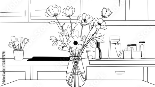 Fragrant flowers in a vase on a kitchen counter, Plant Illustration
