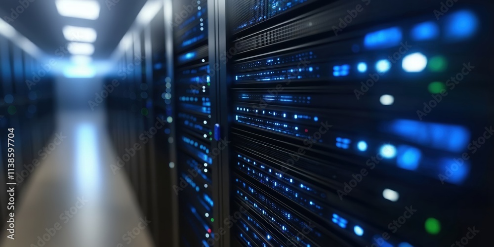 Fototapeta premium Rack-mounted servers with blinking lights create a futuristic ambiance in a data center hallway.
