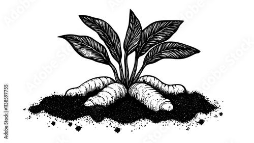 Ginger rhizomes partially exposed in soil, Plant Illustration