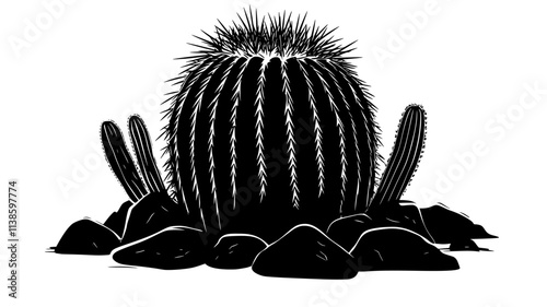 Golden barrel cactus with a ribbed, spherical shape in a rock garden, Plant Illustration