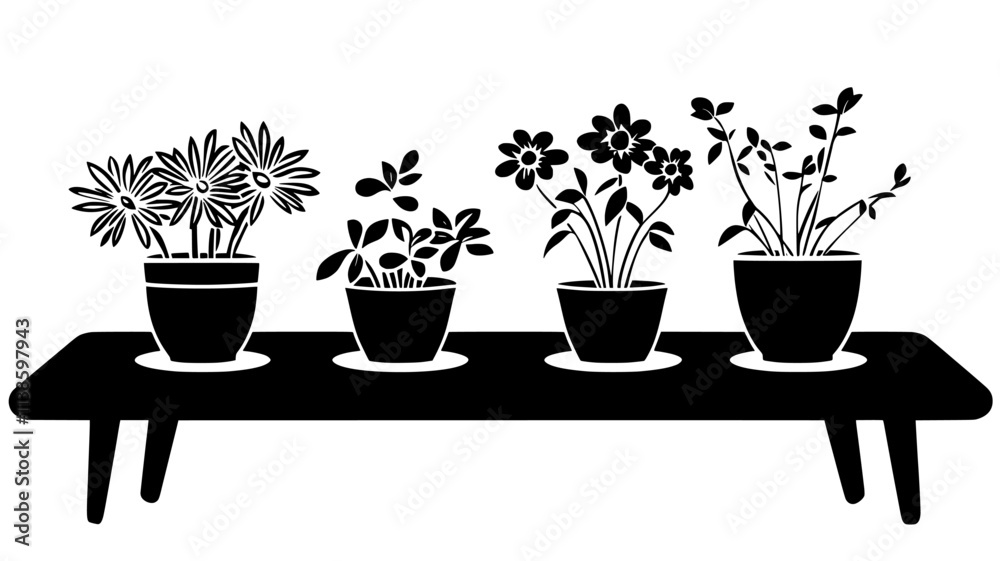 Fototapeta premium A group of small flowering plants in ceramic pots on a coffee table, Plant Illustration