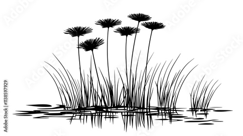 A group of papyrus plants standing tall in the shallow water near the edge of a pond, Plant Illustration