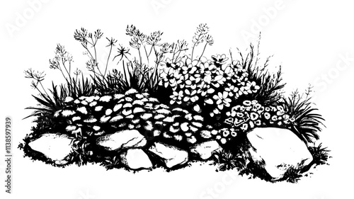 Sedum plants growing in a rock garden with surrounding perennials, Plant Illustration