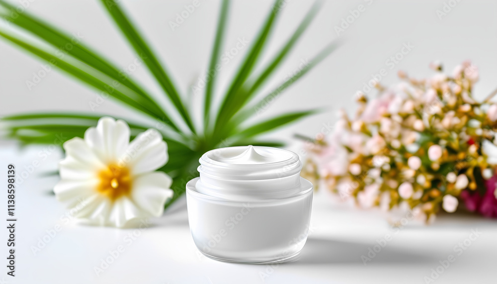 Jar of face cream with blooming branch on white background. Jar of face cream with blooming branch on white background.