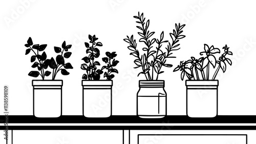 Herbs growing in mason jars on the kitchen counter, Plant Illustration