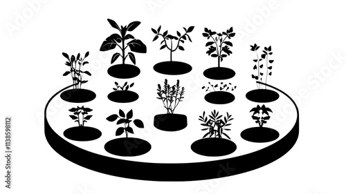Herbs arranged in a circular hydroponic system with a central reservoir, Plant Illustration