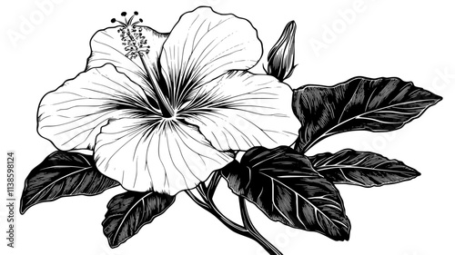Hibiscus bloom with petals surrounding a prominent stamen on a leafy bush, Plant Illustration