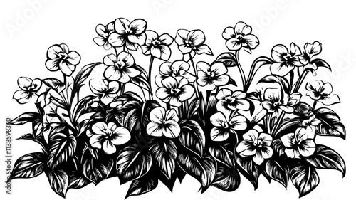 Impatiens plants with masses of flowers in a shade garden, Plant Illustration