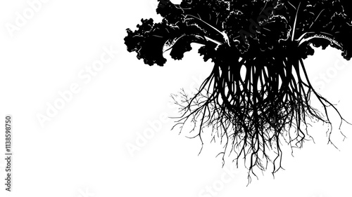 Lettuce roots hanging in mist-filled chamber without growing medium, Plant Illustration