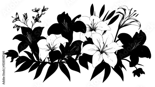 Lilies and gladiolus intertwined in a floral arrangement, each bloom clearly distinct, Plant Illustration