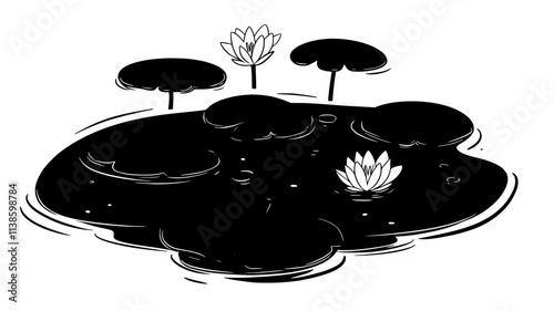 Lily pads floating on the surface of a pond in a garden, Plant Illustration