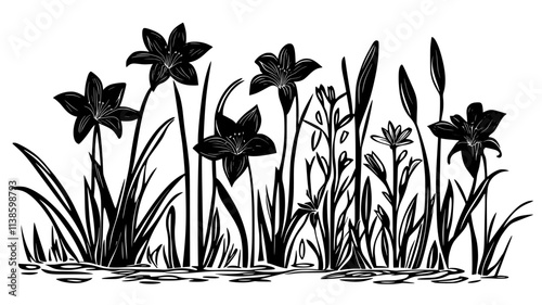 Lilies with long stems in a pond near cattails, Plant Illustration