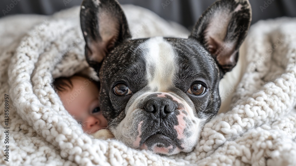 Intimate image of baby and piebald French Bulldog on blanket Intimate image of baby and piebald French Bulldog on blanket