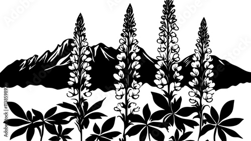 Lupine flowers growing on tall spikes in an alpine meadow setting, Plant Illustration