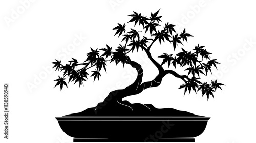 Maple bonsai with miniature leaves in a shallow pot, Plant Illustration