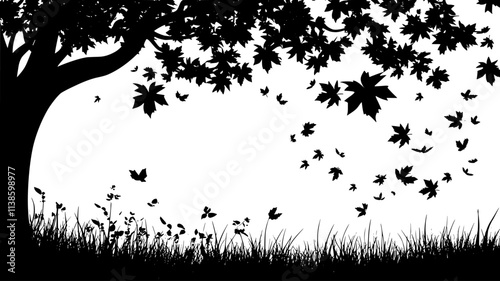 Maple tree with lobed leaves in a deciduous woodland, Plant Illustration