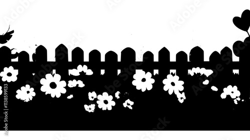 Multiple flower beds in bloom, bordered by a wooden fence in a backyard, Plant Illustration