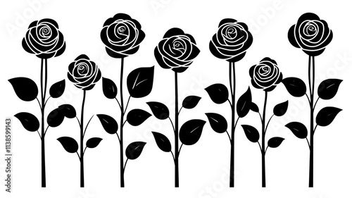 Multiple roses arranged symmetrically in a flower bed, leaves visible beneath, Plant Illustration