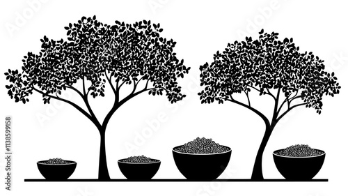 Myrrh tree with resin collecting in bowls beneath, Plant Illustration